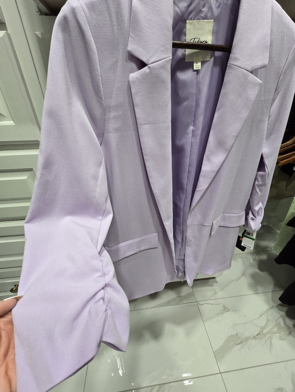 Takara Lavender Open Front Blazer Ruched Sleeve Career Jacket NWT Size L - Picture 3 of 8